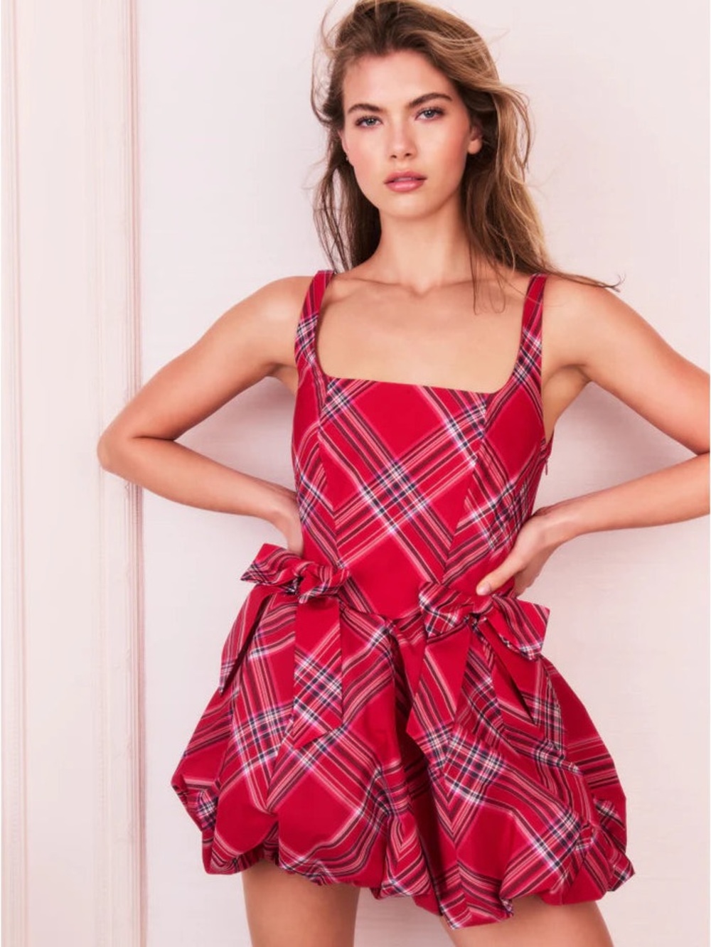 LoveShackFancy Ruelle Red Taffeta Tartan / Plaid Mini Bubble Dress with Bows